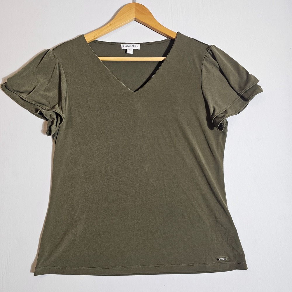 Calvin Klein Olive Green Flutter Sleeve Blouse Medium Clean Girl Workwear Core